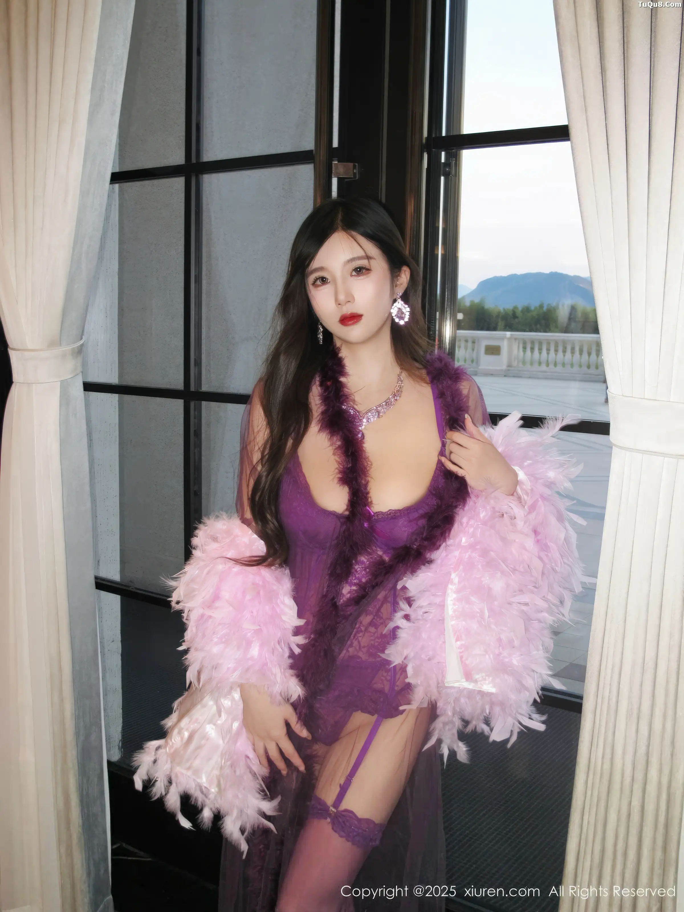 Cute Little Plump Sexy Purple Lingerie with Purple Silk Garter Stockings Showcasing Beautiful Figure Photoshoot 72P