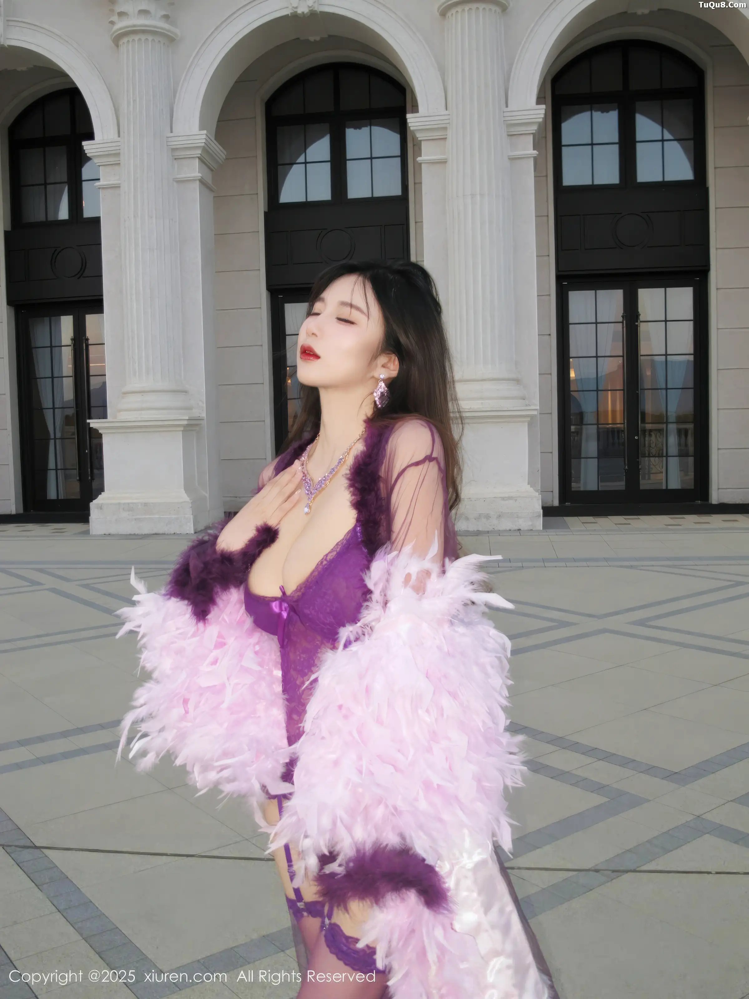 Cute Little Plump Sexy Purple Lingerie with Purple Silk Garter Stockings Showcasing Beautiful Figure Photoshoot 72P