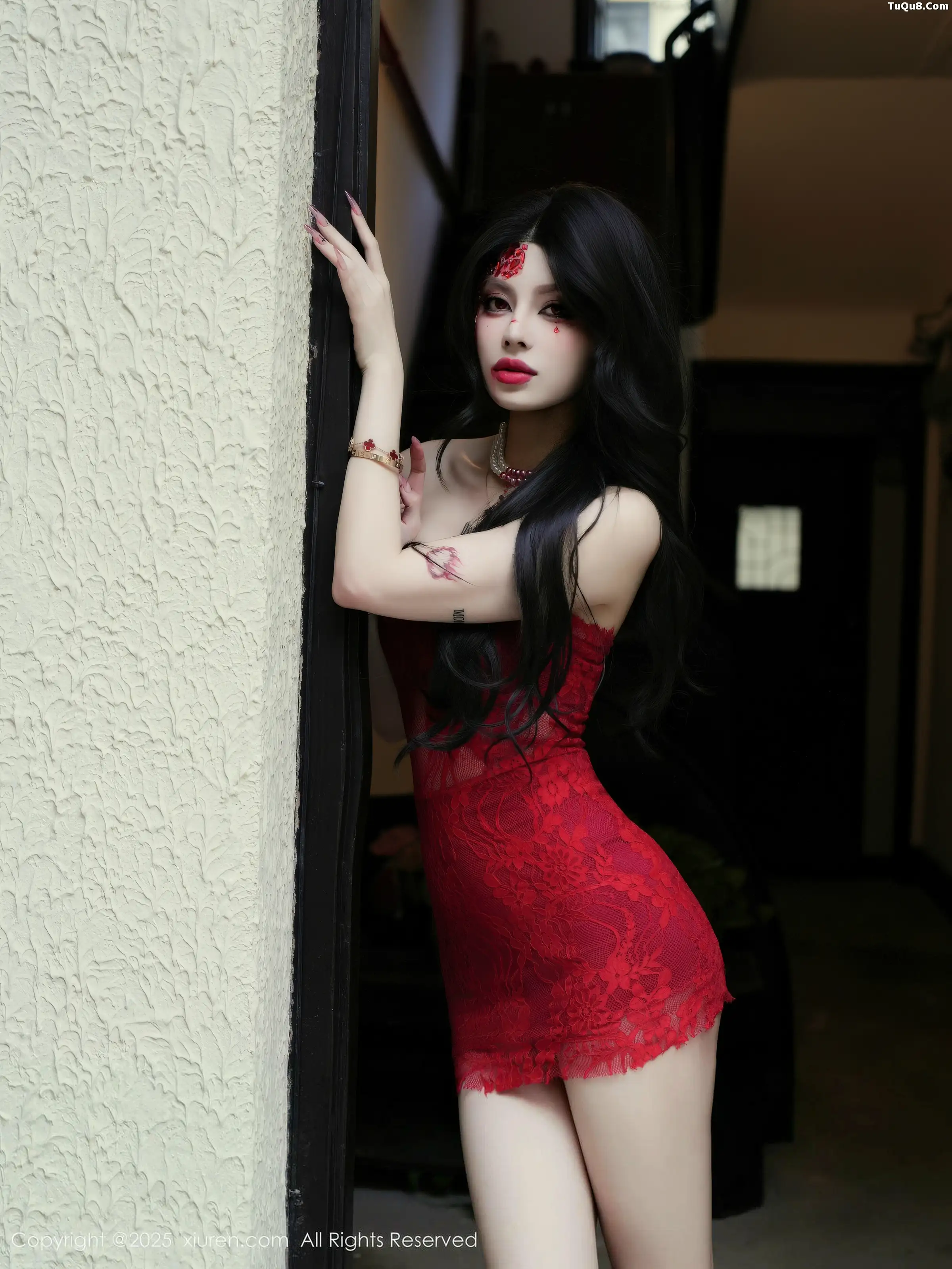 April Moon Private Shoot: Sexy Red Mini Dress with Black Stockings & Garter Set | Perfect Figure Photo Shoot 85P