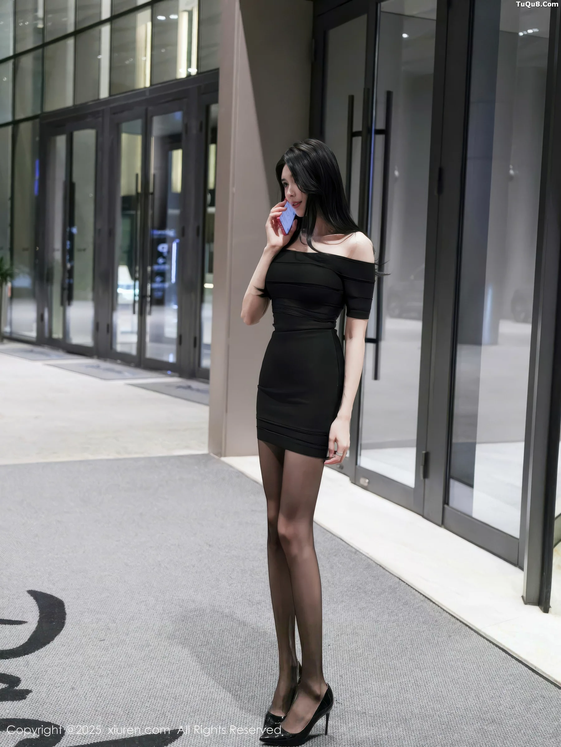 Coconut Rice Sticky Rice Goddess Sexy Black Jumpsuit Mini Skirt with Sheer Black Stockings and Beautiful Legs Photo Shoot 53P