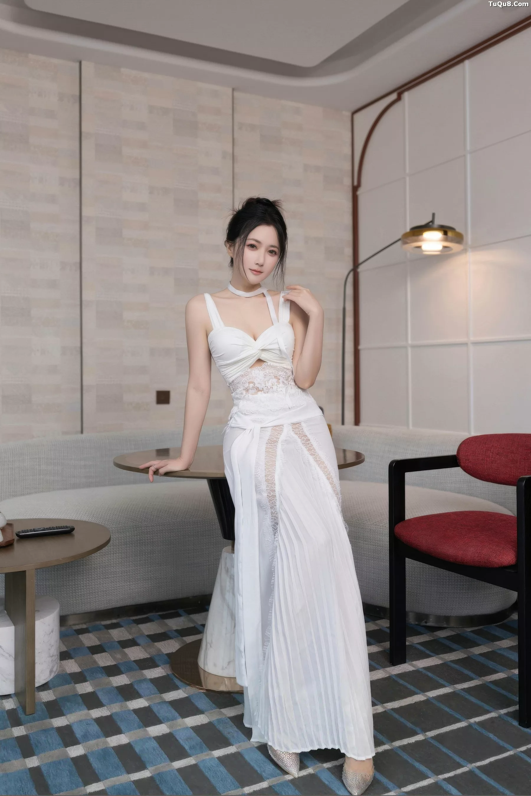 Caviar Fish Sexy White Long Dress Photo Shoot Featuring Slim Figure and Beautiful Pose 76P