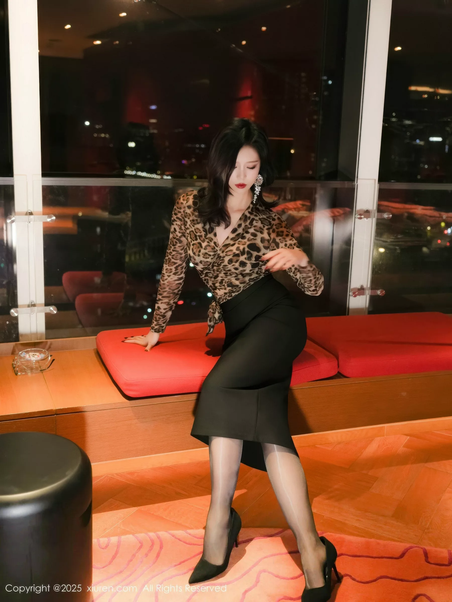 Love You Rose Sexy Leopard Print Outfit with Black Mini Skirt and Black Stockings Showing Beautiful Legs Stunning Photos 63P 6
